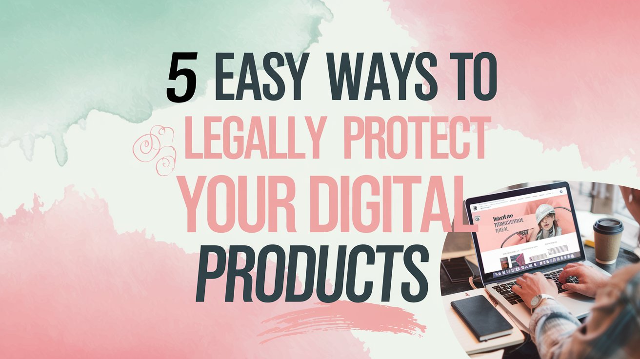 A person is sitting at a wooden table, using a laptop displaying the phrase "5 easy ways to legally protect your digital products," with a coffee cup and notebook nearby.